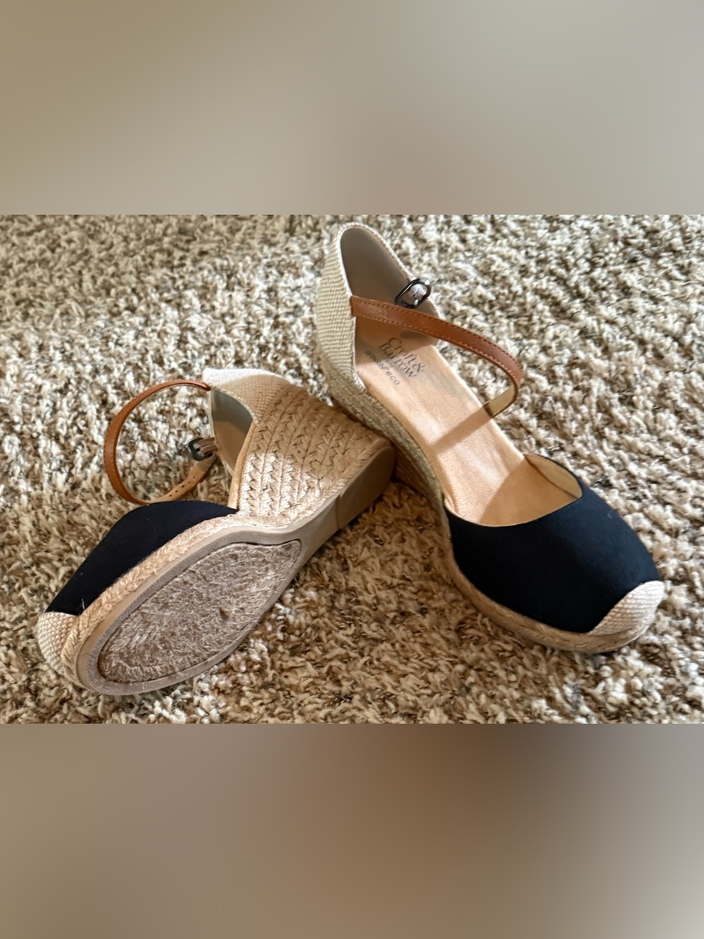 Women's Black and Tan Espadrille Wedge Sandals